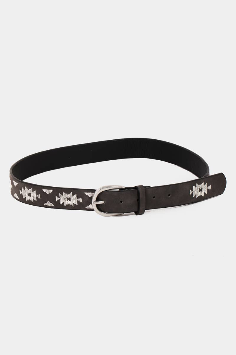 Western Boho Embroidered Pattern Vegan Leather Belt: BK