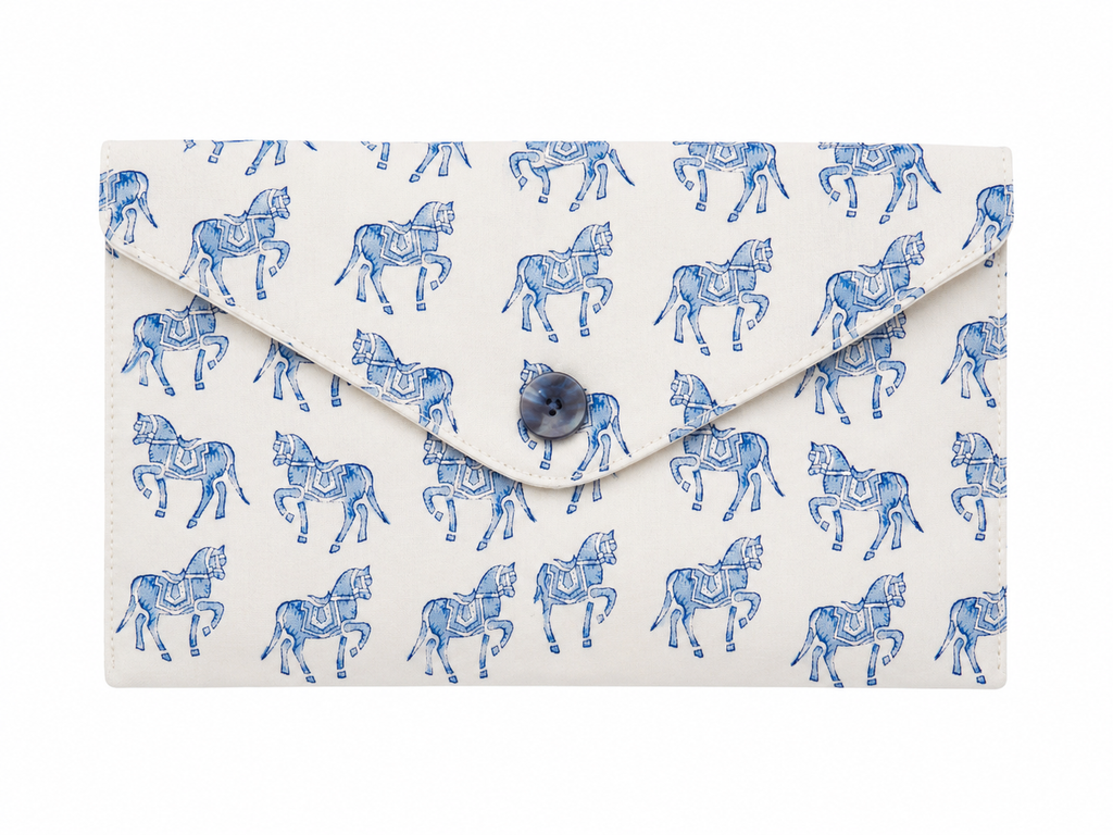 Delicate woodblock horse print short sleeve, short trousers cotton pyjamas in soft blues