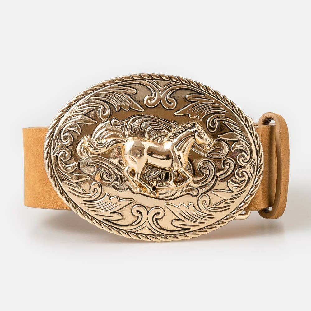 Suede Large Western Horse Medallion Buckle Belt: BROWN