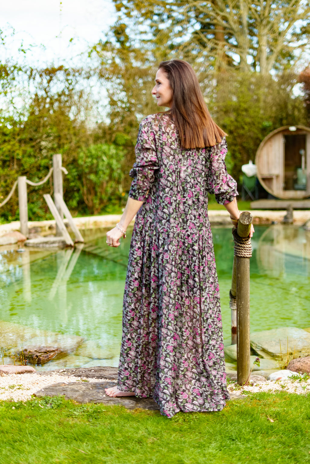 Inky black Cotton / Silk maxi dress in beautiful floral print with separate cotton vest under garment. Side pockets.