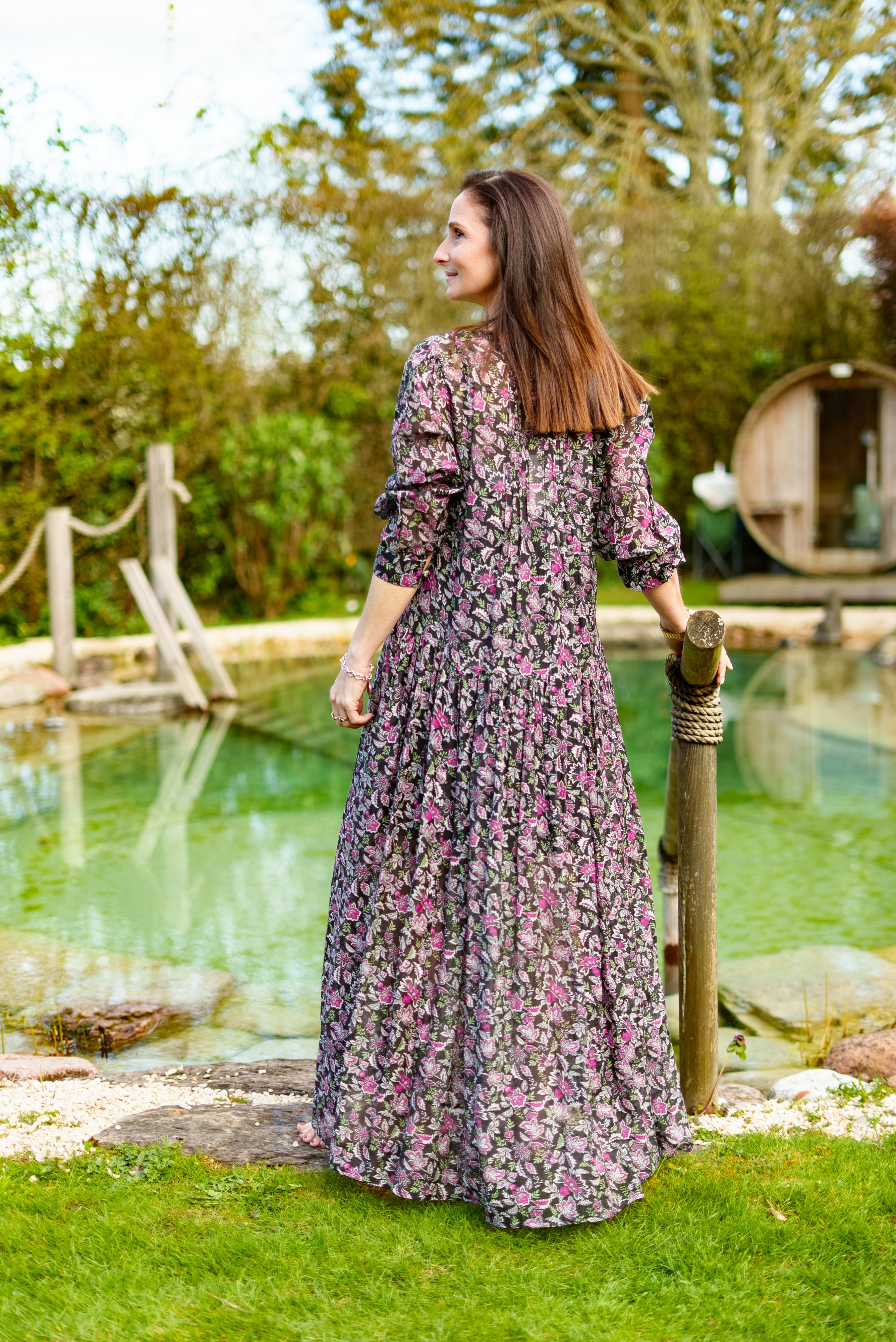 Inky black Cotton / Silk maxi dress in beautiful floral print with separate cotton vest under garment. Side pockets.