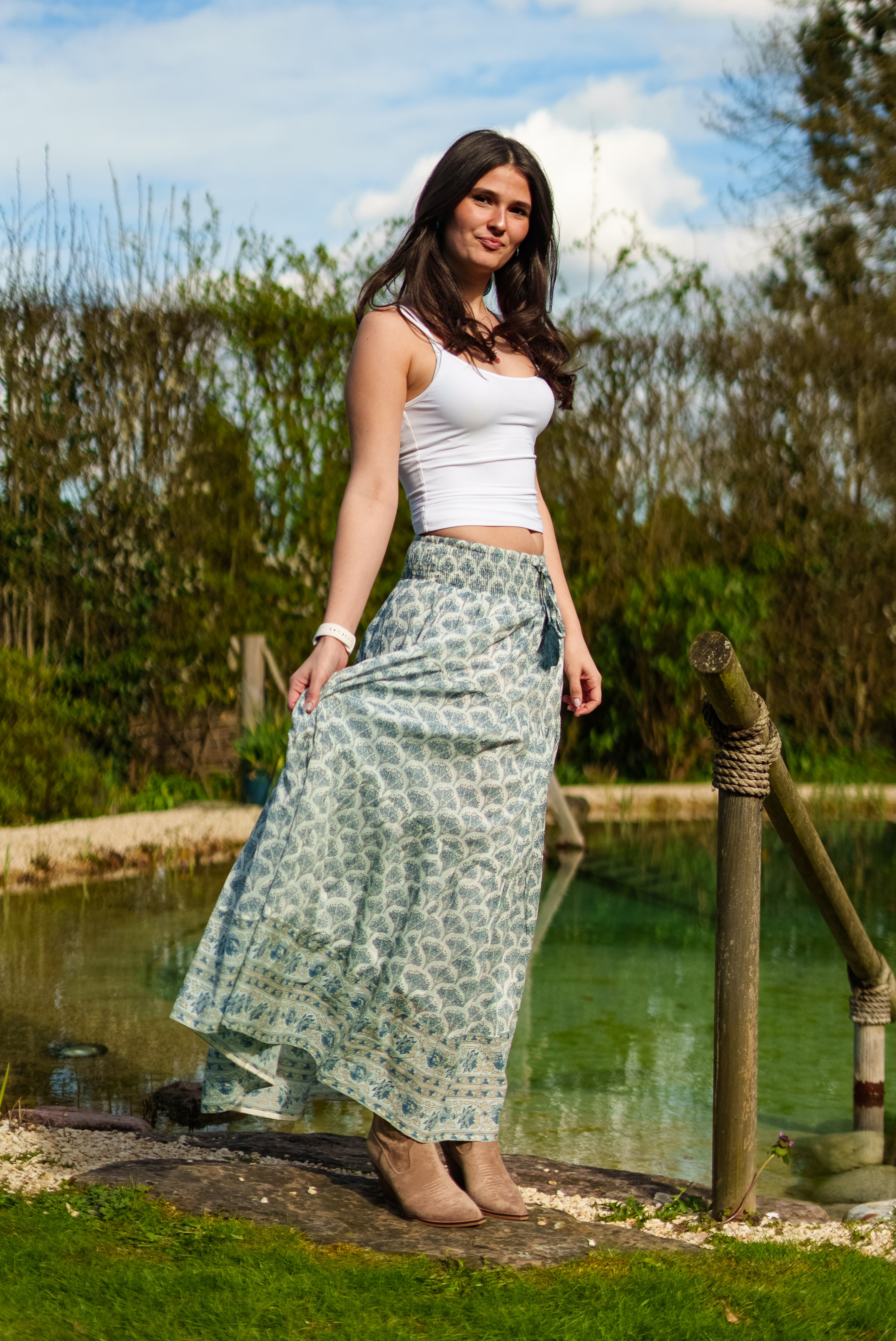 Adalyn Pattern Maxi woodblock printed skirt in green
