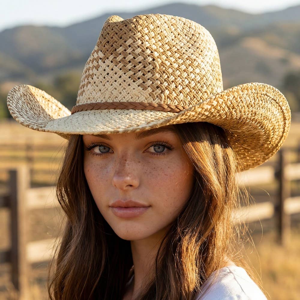 Two Tone Straw Braided Patches Cowboy Hat: KA