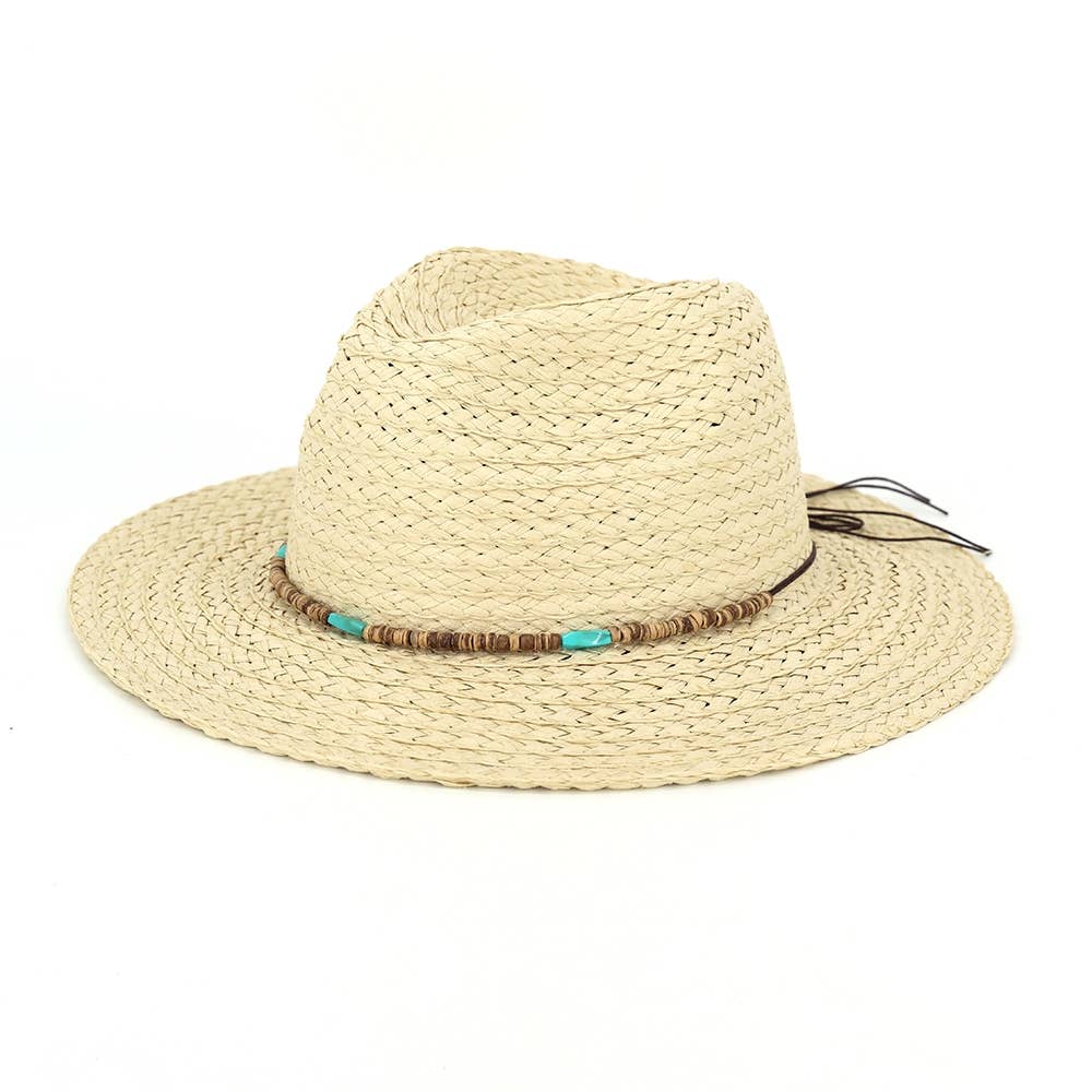 Turquoise Wood Bead Band Natural Straw Hat: BE