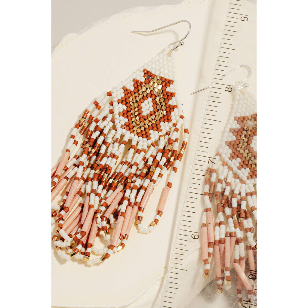 Triangular Boho Seed Beaded Fringe Dangle Earrings: SHP