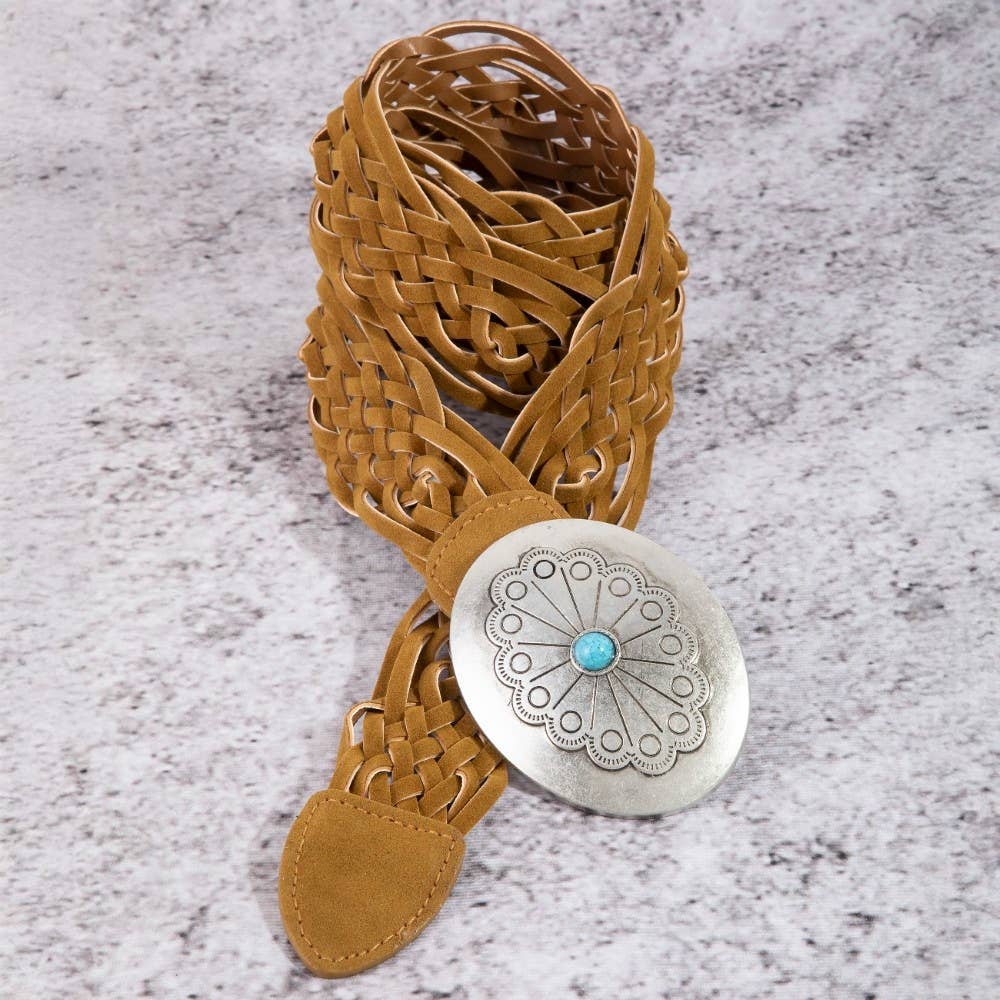Western Braided Concho Buckle Vegan Leather Belt: SDBR