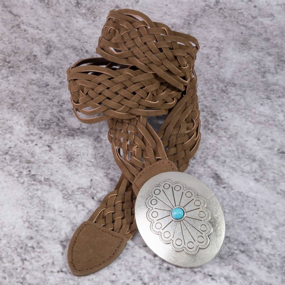 Western Braided Concho Buckle Vegan Leather Belt: SDBR
