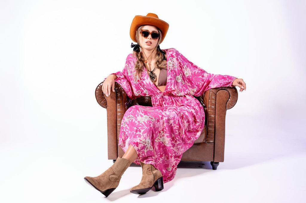 Caz Kaftan long in Fusia, leaf print with hand embellishment