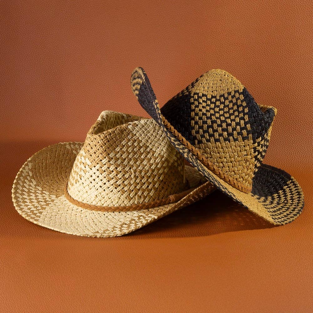 Two Tone Straw Braided Patches Cowboy Hat: KA