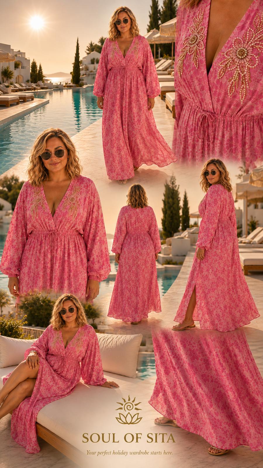 Caz Kaftan long in Fusia, leaf print with hand embellishment