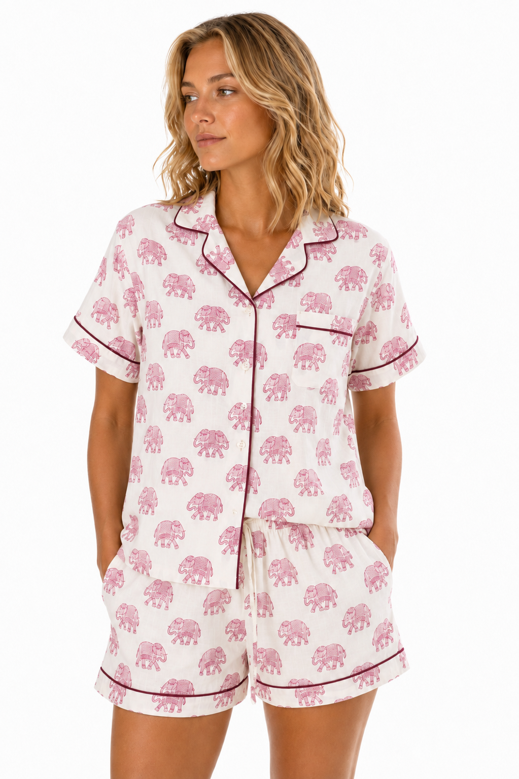 Short Sleeve Pink Woodblock Elephant print pyjamas - Adult