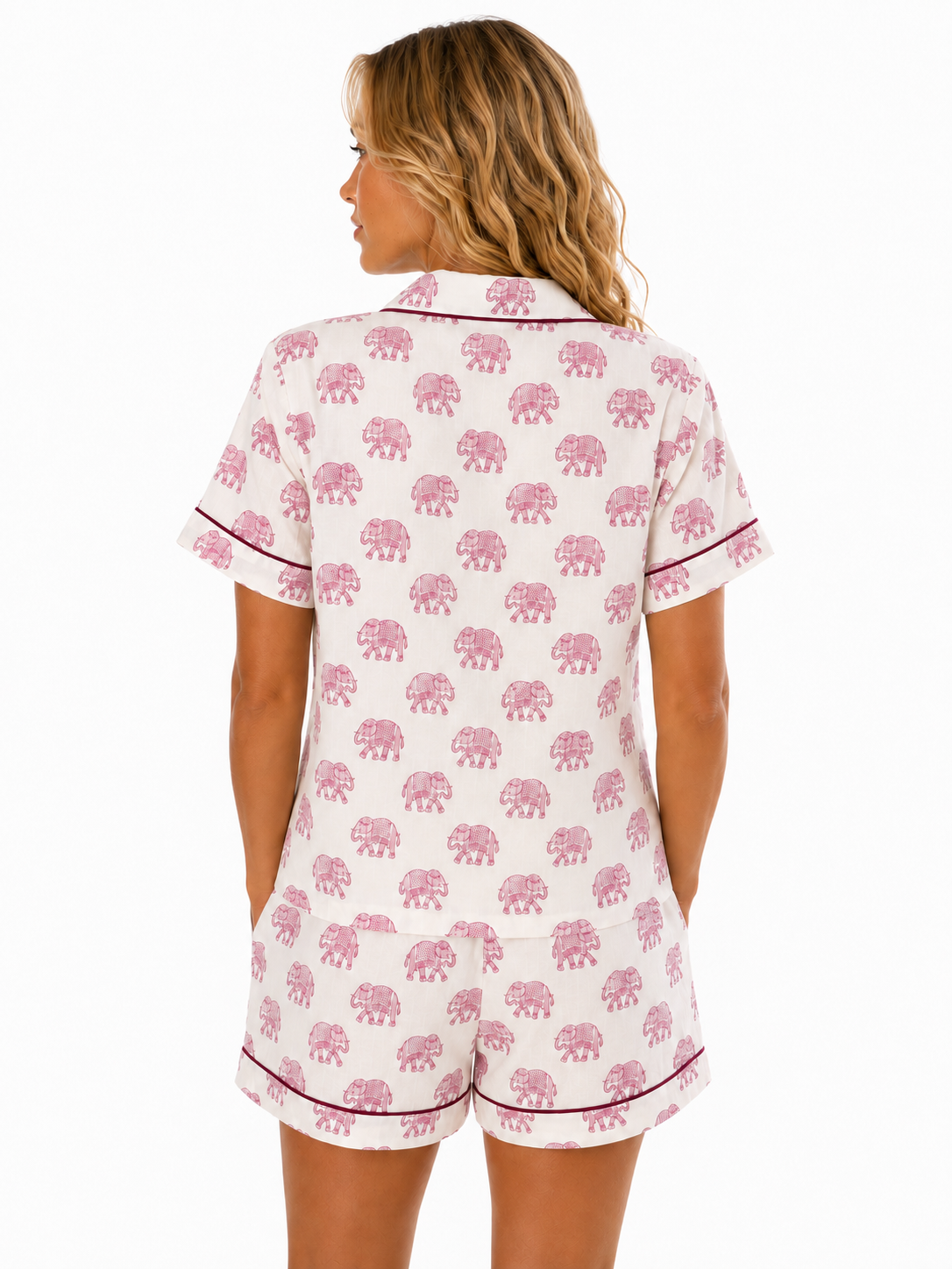 Short Sleeve Pink Woodblock Elephant print pyjamas - Adult