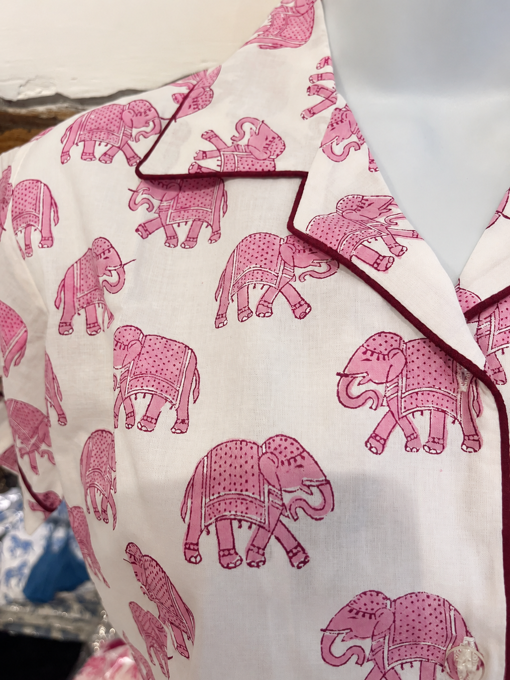 Short Sleeve Pink Woodblock Elephant print pyjamas - Adult