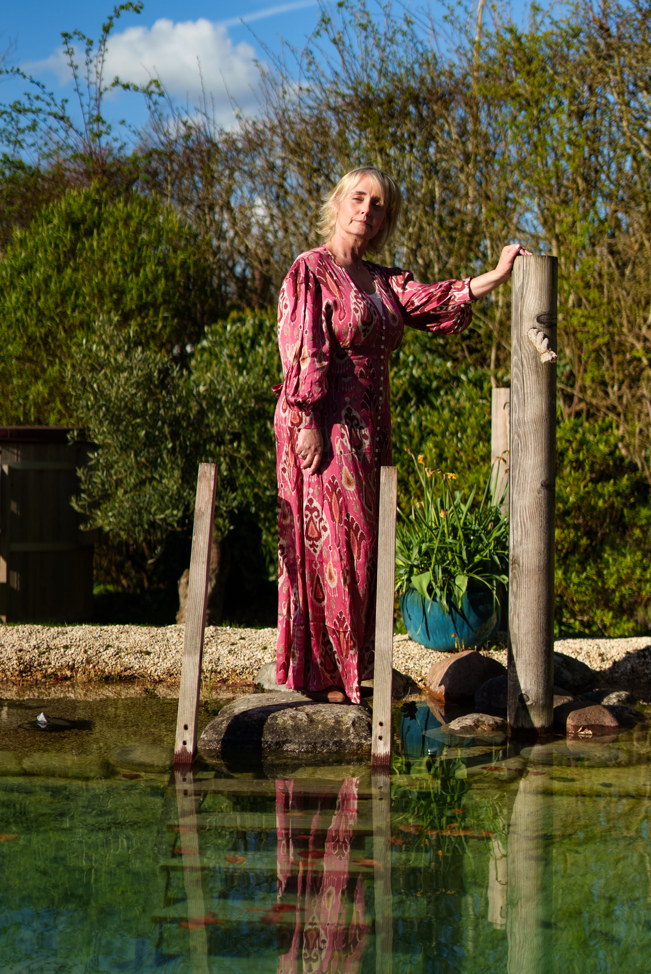 Rose Pink Aztec print satin button through maxi dress