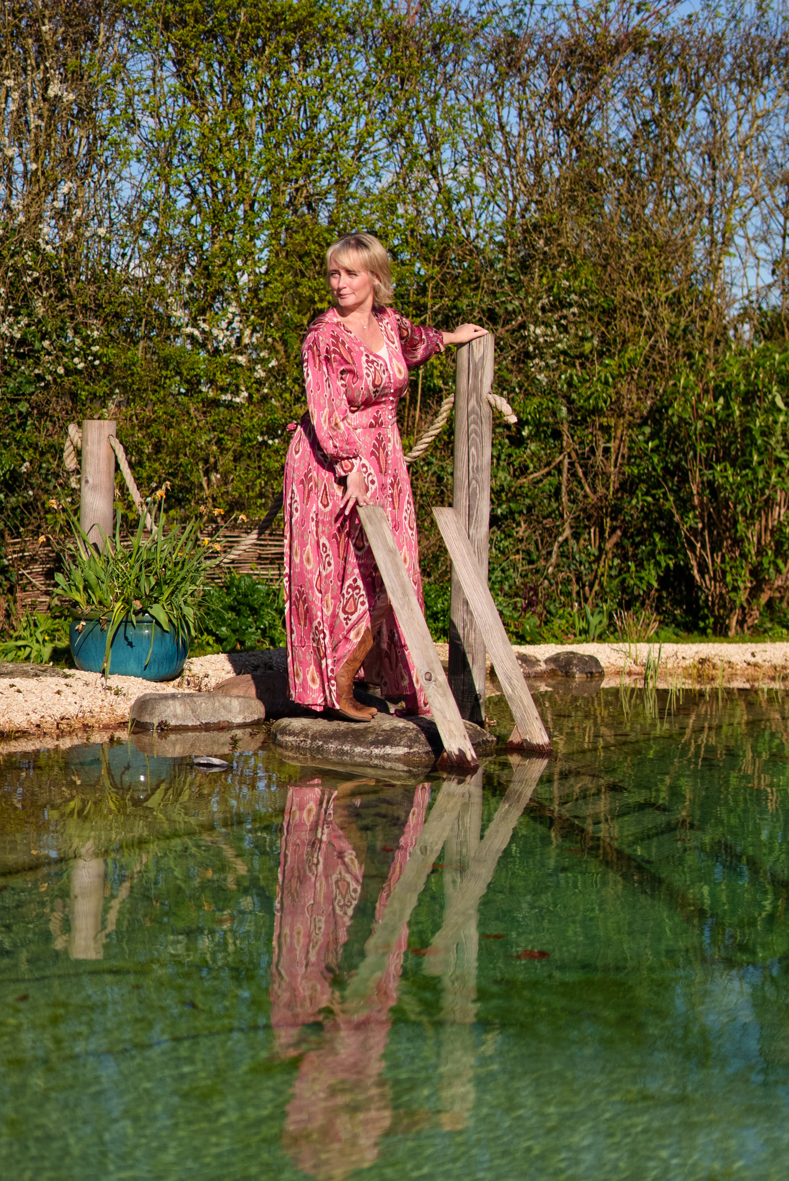 Rose Pink Aztec print satin button through maxi dress
