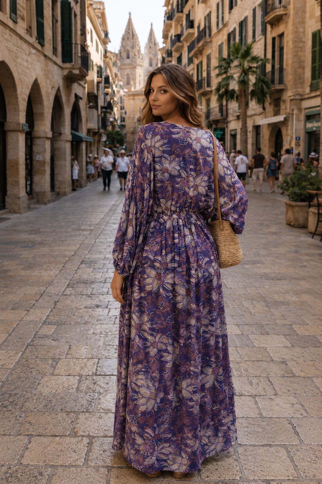 Caz Kaftan long in Lilac, leaf print with hand embellishment