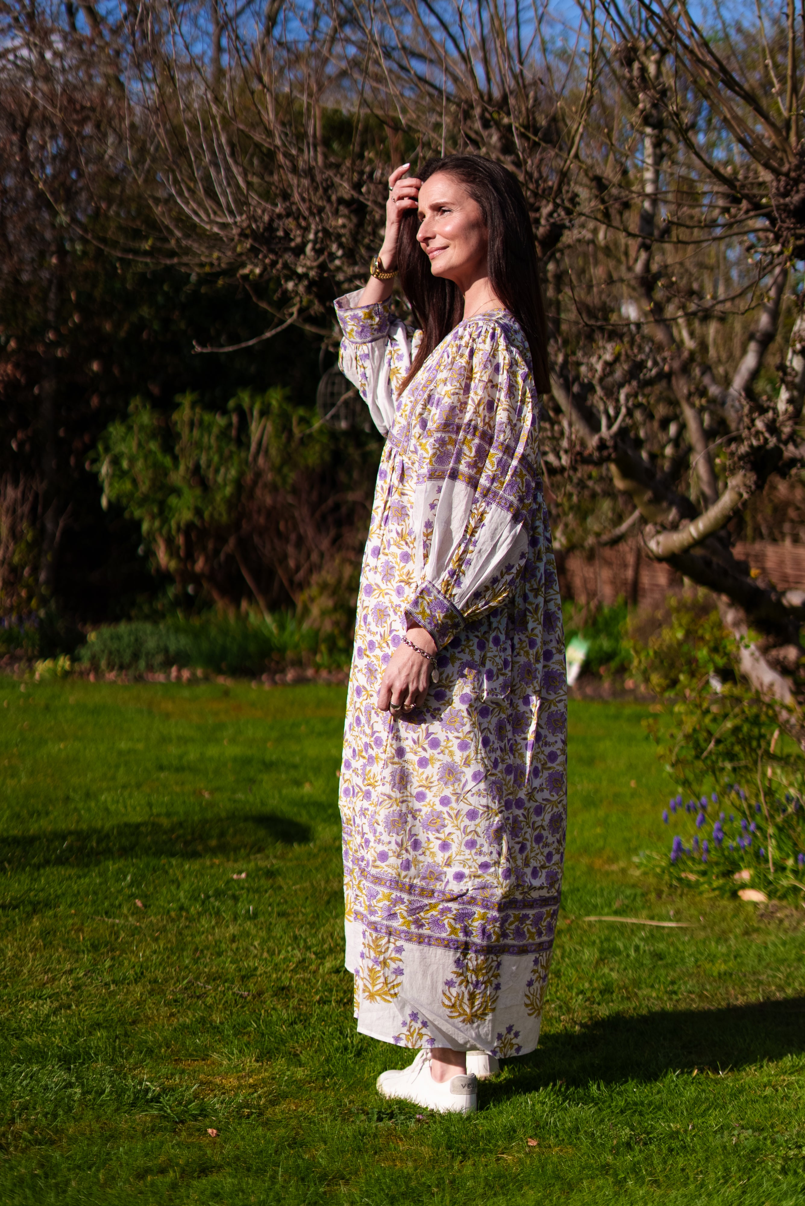Amelia San Floral Lilac Floaty sleeve woodblock print with flowers, maxi dress