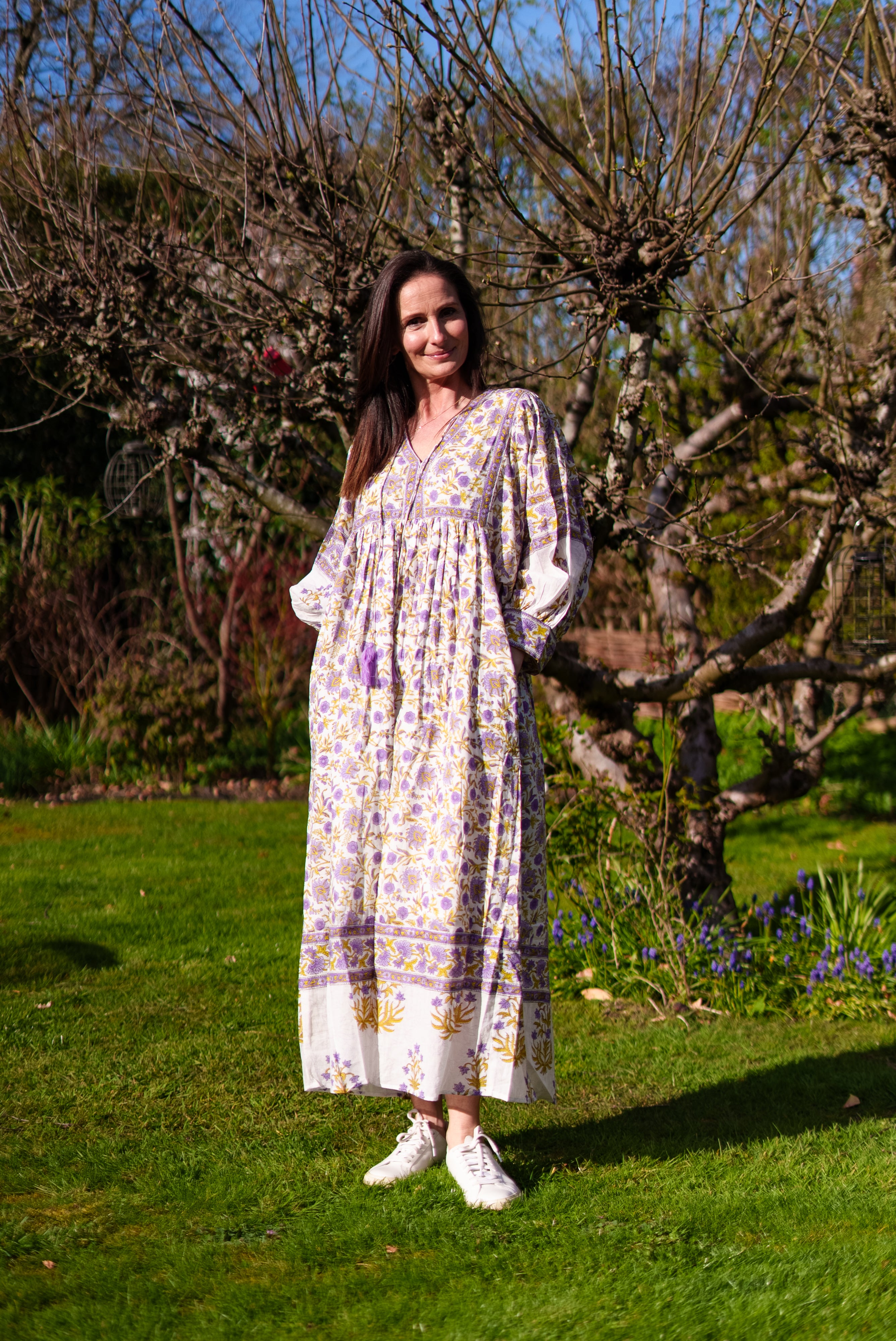 Amelia San Floral Lilac Floaty sleeve woodblock print with flowers, maxi dress
