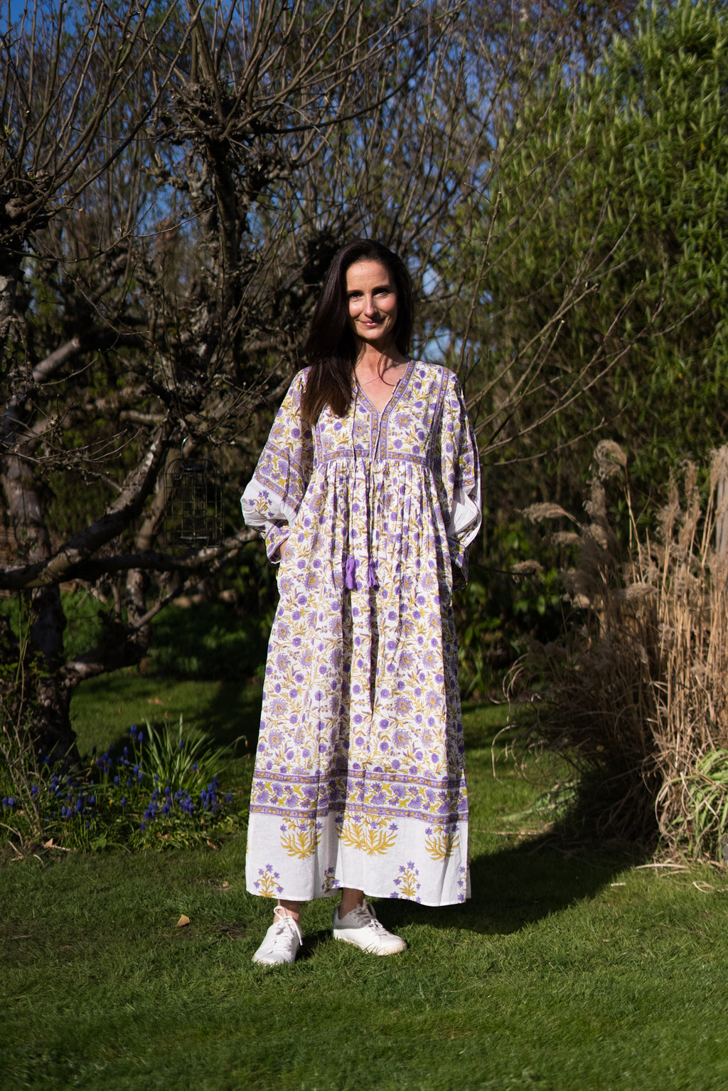 Amelia San Floral Lilac Floaty sleeve woodblock print with flowers, maxi dress