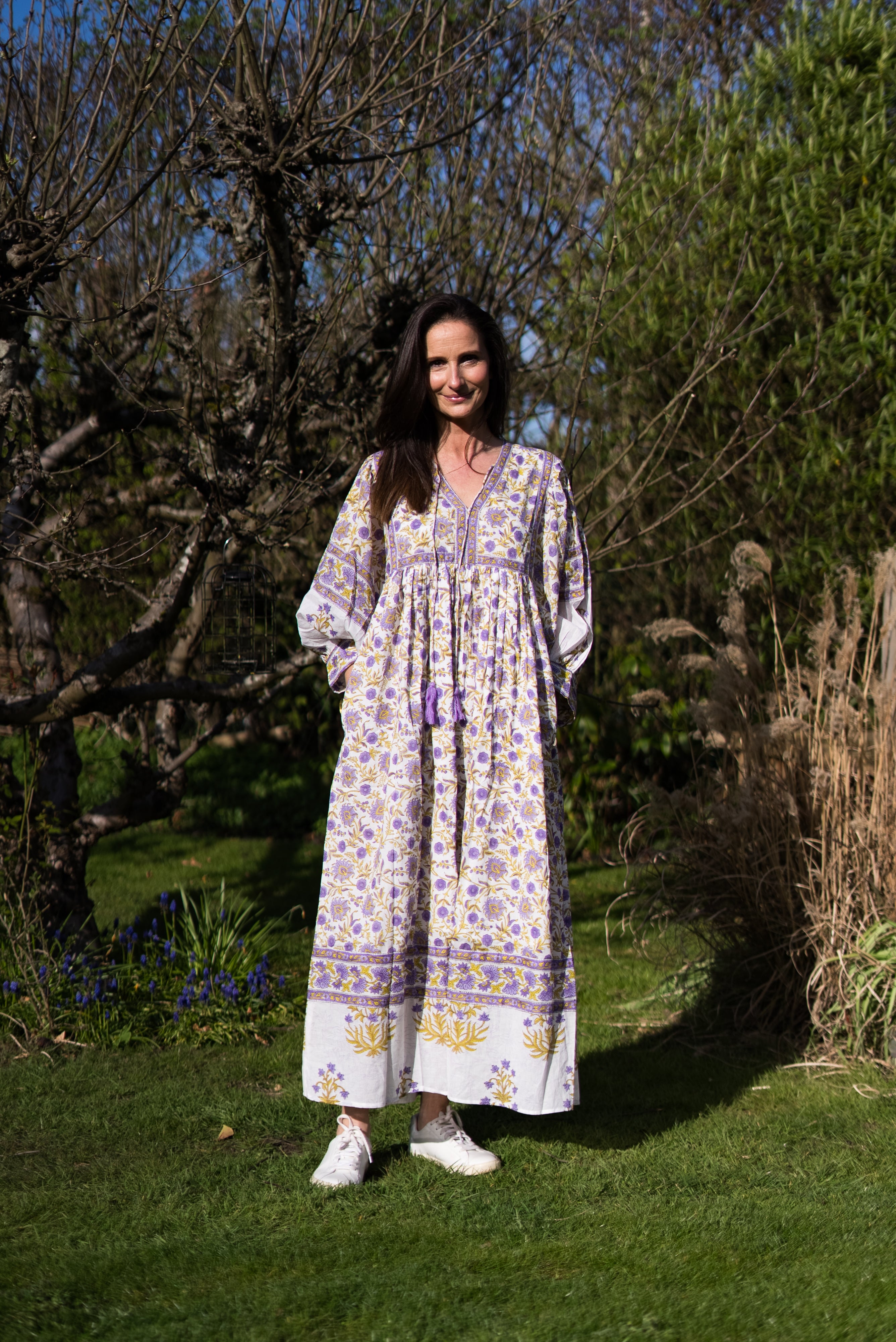 Amelia San Floral Lilac Floaty sleeve woodblock print with flowers, maxi dress