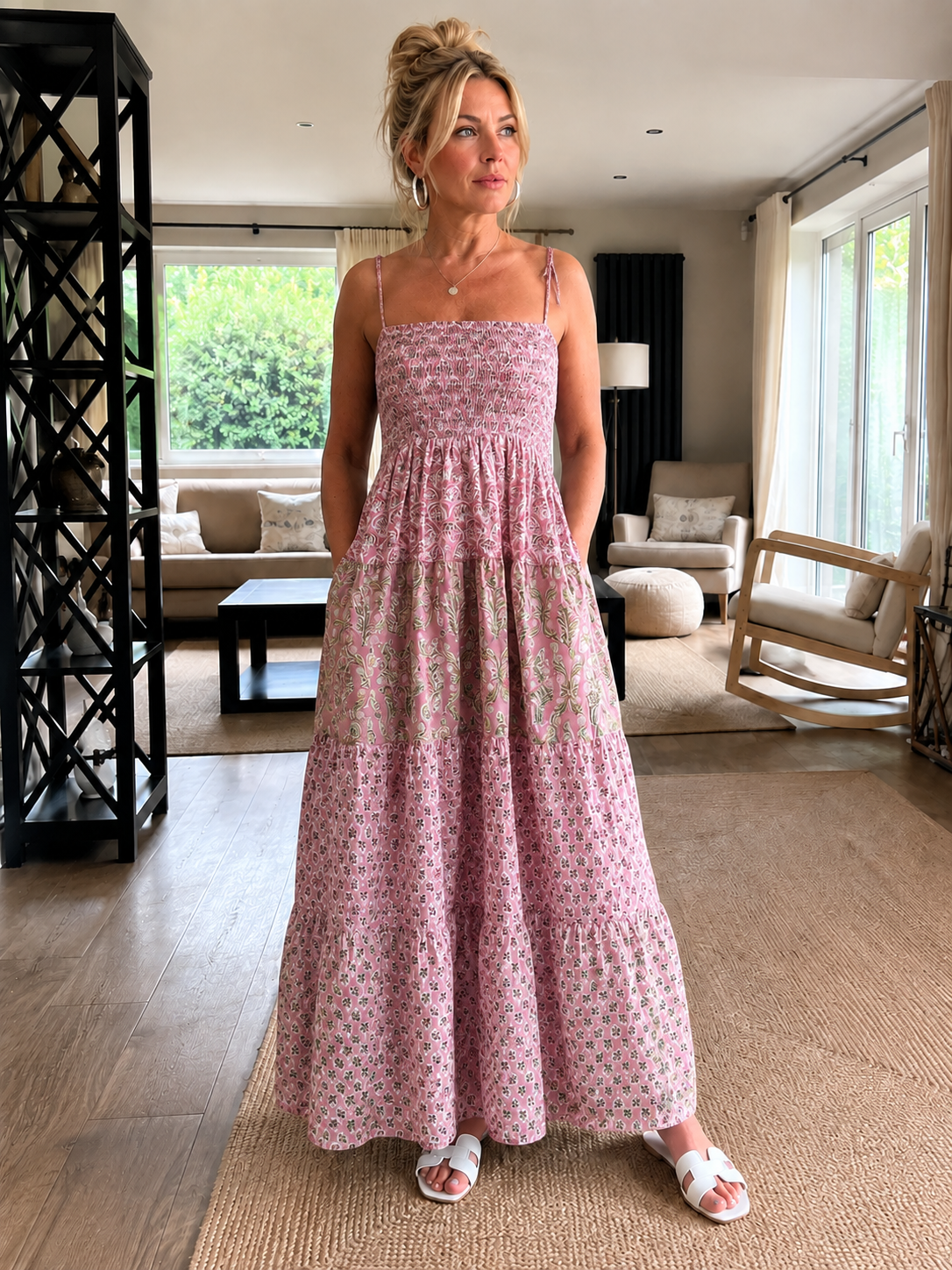 Elasticated bodice soft pinks sun dress in beautiful woodblock prints . 100 % cotton voile