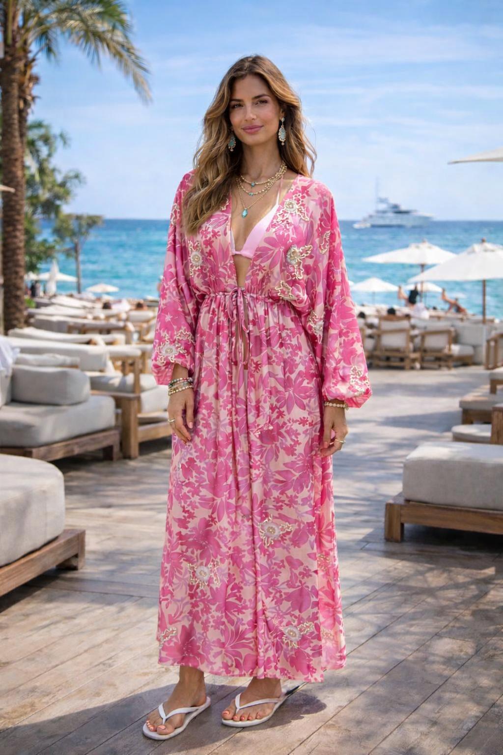 Caz Kaftan long in Fusia, leaf print with hand embellishment