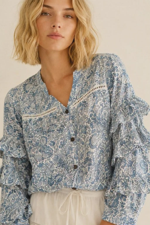 Liberty Woodblock printed frill sleeve blouse in blue paisley floral