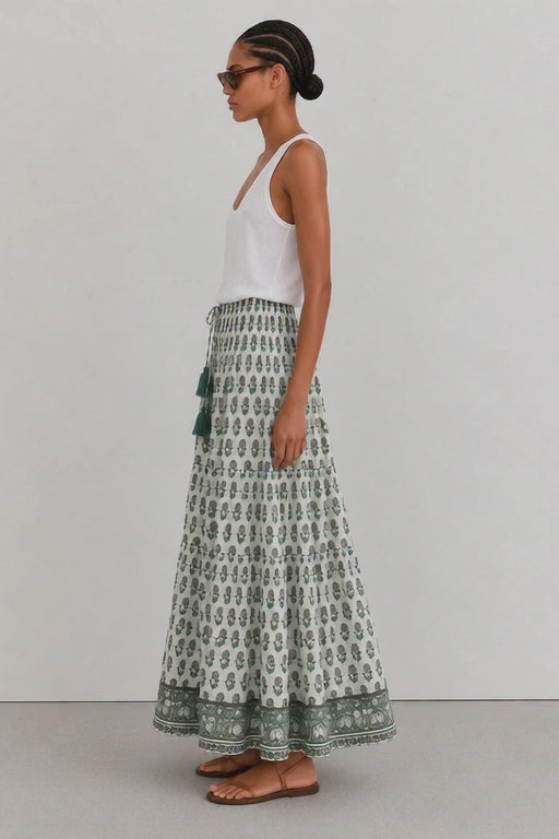 Woodblock green printed cotton voile maxi skirt with border print.