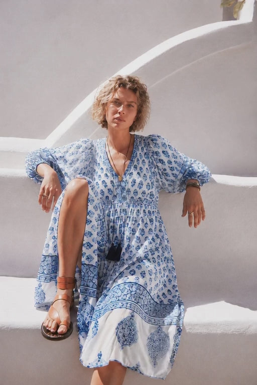 AMELIA FLOATY SLEEVE WOODBLOCK PRINTED COTTON VOILE DRESS