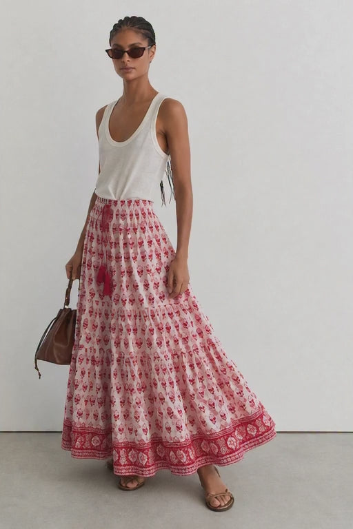 Maxi Gypsy Skirt in Cotton Voile Woodblock Print with cotton Lining