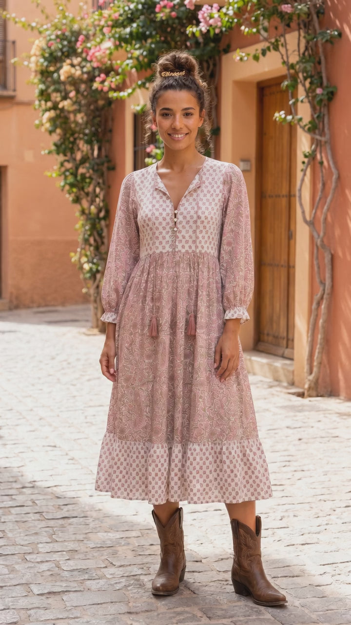 Pink Woodblock printed midi dress in cotton voile.