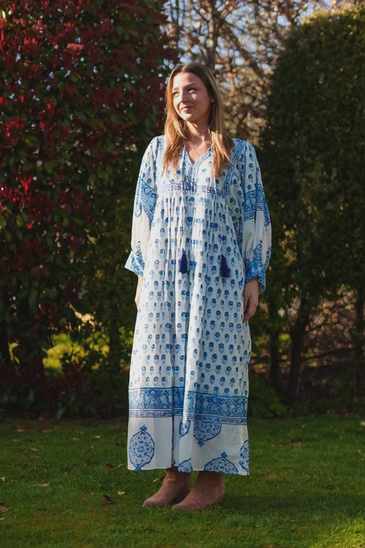 AMELIA FLOATY SLEEVE WOODBLOCK PRINTED COTTON VOILE DRESS