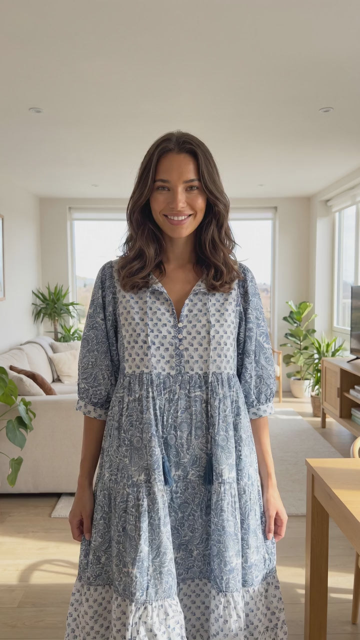 woodblock print midi dress in delicate blues - cotton voile with lining