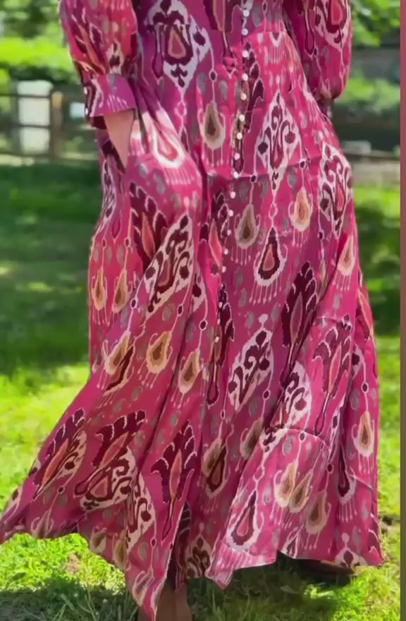 Rose Pink Aztec print satin button through maxi dress