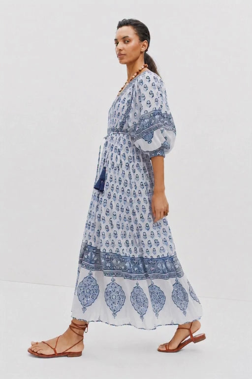 AMELIA FLOATY SLEEVE WOODBLOCK PRINTED COTTON VOILE DRESS