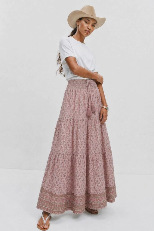 Pink floral woodblock skirt in cotton voile with lining .