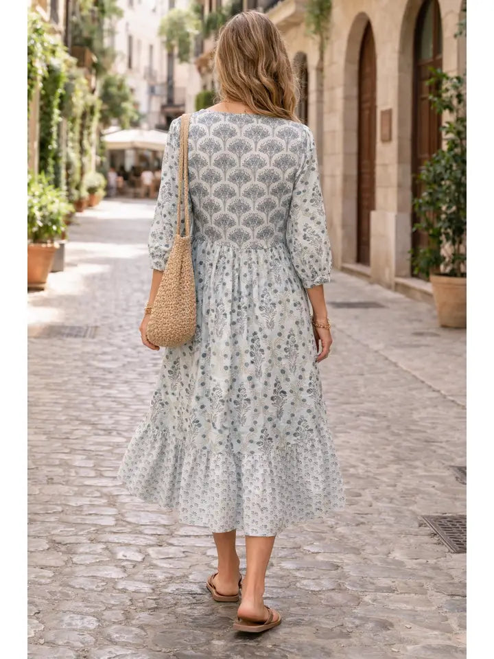 Aria Delicate Hand block multi print midi dress in cotton voile in blue