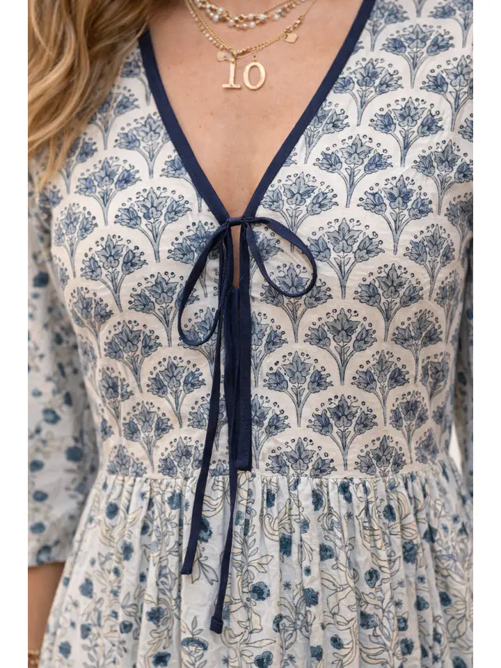 Aria Delicate Hand block multi print midi dress in cotton voile in blue